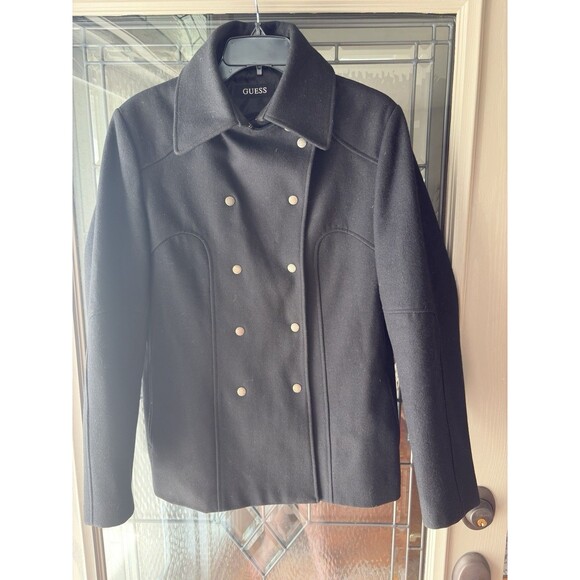 Vintage Guess Womens  SZ LG Pea Coat Double Breasted Black Wool Blend Jacket - Picture 10 of 14